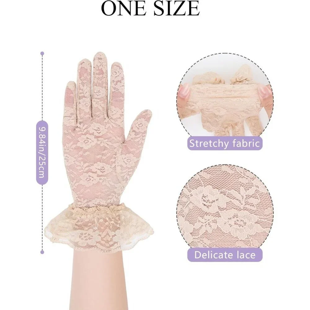 Women's Apricot Short Nylon Mesh Imported Nylon Sheer Lace Ruffles Gloves